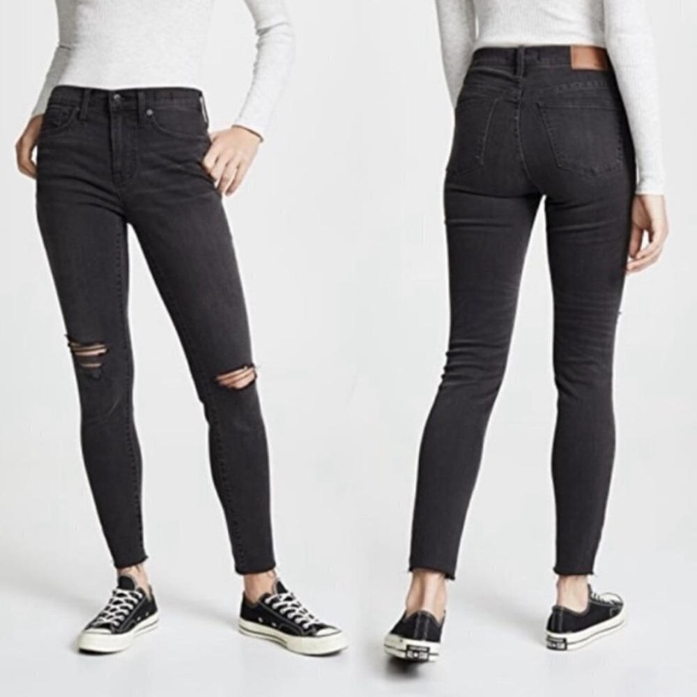 Madewell 9" High-Rise Skinny Jeans, Black Denim, Distressed & Raw Hem, Size 31